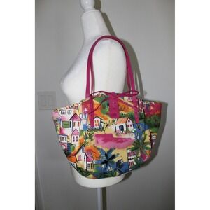 The Sak Pink Label Tote Bag Colorful Tropical Village Print Faux Leather Straps